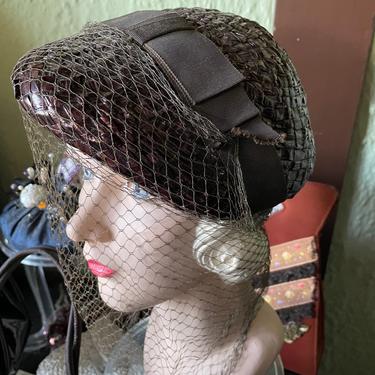 Vintage 1940s Brown Cellophane Tilt Hat with Netting Veil by PaperMoonVtg