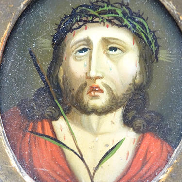 Antique 1800's Miniature Portrait Jesus Crown of Thorns  Original Oil Painting on Tin, Original Frame, Religious Retablo Icon 
