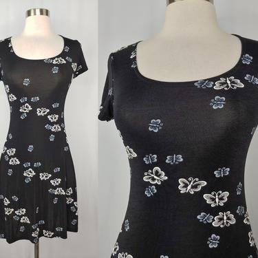 Vintage 2000 Y2K Black Short Sleeve Stretch Mini Dress - Butterfly Print Scoop Neck Nylon Stretch Dress XS 