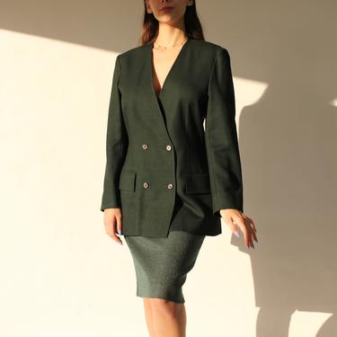 Vintage 80s Jaeger Forest Green Double Breasted Blazer w/ High Waisted Polkadot Tweed Skirt | Made in Great Britain | 1980s Designer Suit 