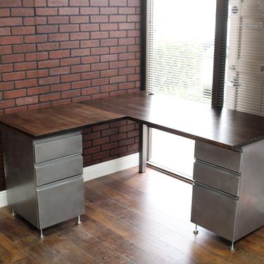 Rustic L-Shaped Desk w/ 2 Refinished Cabinets, Wood Butcher Top, steel legs / Handmade / industrial / rustic office furniture / Drawer 