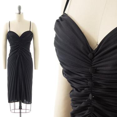 Vintage 1980s Dress | 1950s Travilla Style LBD Black Jersey Accordion Pleated Spaghetti Strap Hourglass Wiggle Bodycon Party Dress (small) 