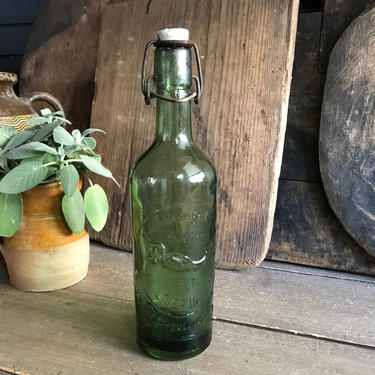 1 1930s French Glass Bottle, Lemonade, Mermaid, Limonade, Green, Biere, Beer, Ceramic Top by JansVintageStuff