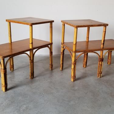 1970's Vintage Bamboo Rattan Wrapped Two - Tier Side Tables a Pair 