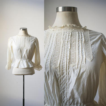 White Cotton Edwardian Blouse / Lace Blouse / Antique White Cotton Blouse / Antique Lace Blouse / Button Up Edwardian Blouse 