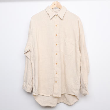 VINTAGE faded men's HEMP 1990s vintage shirt long sleeve CREAM hemp button up shirt -- oversize size medium 