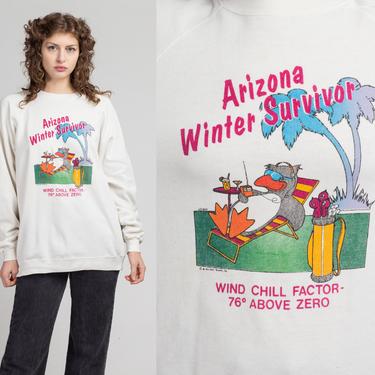 80s Arizona Winter Survivor Sweatshirt - Extra Large | Vintage White Penguin Raglan Sleeve Funny Animal Graphic Pullover 