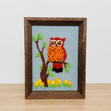 Vintage Small Owl Needlepoint Framed Wall Art 