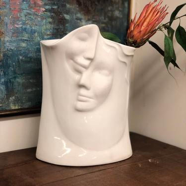 Vintage Signed Mid Century Modern White Ceramic Handmade Vase Face Design Contemporary Studio Pottery Abstract Retro Deco Art People 