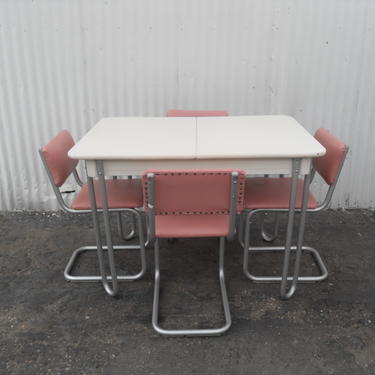 Vintage Dining Table w/ 4 Pink Chairs