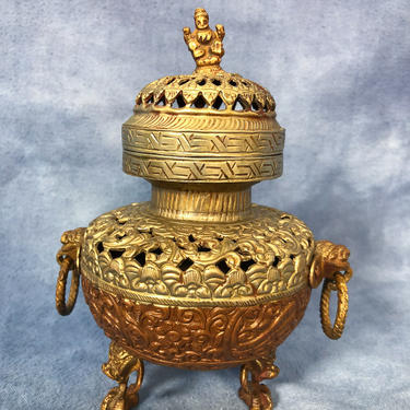 Vintage Brass Incense Burner Censer, Etched Copper Footed Indian Incense 7&amp;quot; 