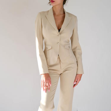 Vintage 90s Y2K Vertigo Paris Light Beige &amp; Cream Pinstripe Cropped Blazer Pant Suit | Made in France | 1990s 2000s Designer Two Piece Suit 