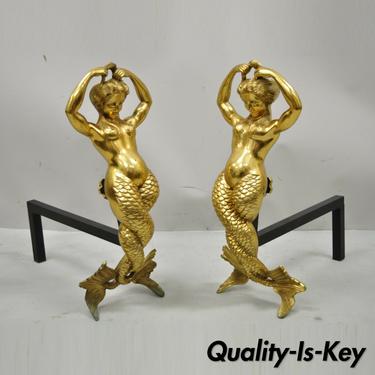 Antique French Fantasy Bronze Brass Mermaid Regency Fireplace Andirons - a Pair
