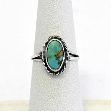 Simple 60's Southwestern sterling oval turquoise ring, minimalist size 6.25 925 silver rope faced blue green stone cab handcrafted solitaire 