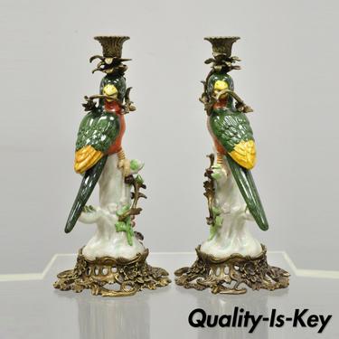 Pair Porcelain &amp; Bronze French Green &amp; Yellow Parrot Candlestick Candle Holders