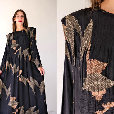 Vintage 80s WOHL Black & Earthtone Leaf Brocade Kaftan Muumuu Dress w/ Pleated Wing Shoulders | Bohemian, Hippie | 1980s Designer Boho Dress 