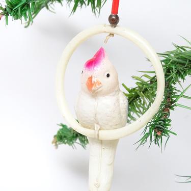 Antique 1940's Celluloid Bird Christmas Tree Ornament, Vintage Toy Parrot on Swing 