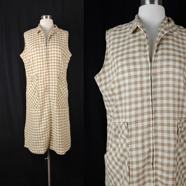 Vintage Sixties Brown Gingham Metal Zip Front House Dress - 60s Sleeveless Shift Dress - Large Brown Plaid House Dress 