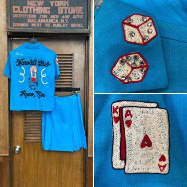 Vintage 1950’s Casino Dice Playing Cards Chainstitch Embroidery Rockabilly Shirt Skirt Outfit, Vintage Skirt Set, Rhinestone, Rockabilly, 