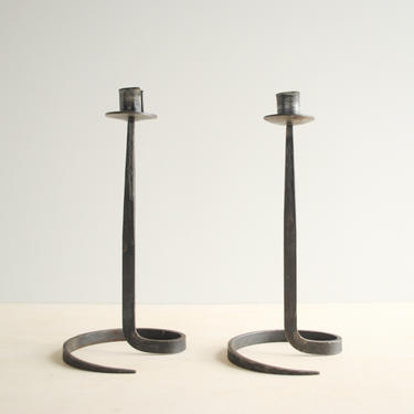 Vintage Wrought Iron Candle Holder Pair by Artist Lance Cloutier, Brutalist Candlesticks 