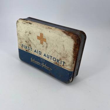 Vintage First Aid Metal Box Mid-Century Safety Prop Johnson 1960s Band Aids Aert Supply Pencils Etc 