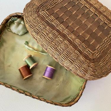 Vintage Sweet Grass Woven Sewing Basket, Made in Canada, Knitting Supply Woven Box, Light Green Satin Lining 