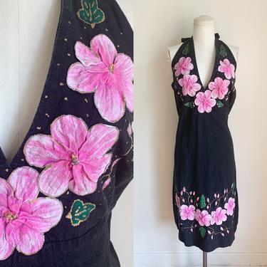 Vintage 1980s Hand Painted Floral Cotton Dress / M-L 