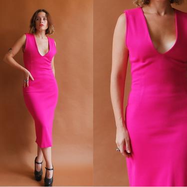 Vintage 70s Fuchsia Plunge Midi Dress/ 1970s Low Cut Hot Pink Sleeveless Body Con/ Size Small 