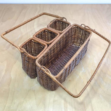Vintage Woven Wicker Utensil Caddy, Brown Two-Tone Cutlery Condiment Picnic Basket with Handles 