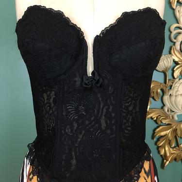 1980s corset bra, longline bra, black lace, vintage bustier, 36c, jezebel, vintage Brassiere, strapless bra, sexy lingerie, padded push up, 