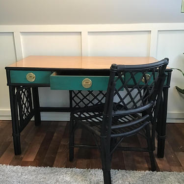 Desk Chinoiserie Vintage Reconditioned Resin Top Hunter Green and Black Rattan Bamboo Desk With Chair 