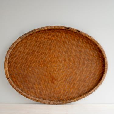 Large Vintage Bamboo Basket, Oval Basket Tray, Wall Basket 