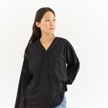Vintage Black V Neck Popover Shirt |  Cotton Workwear Pajama Top Blouse | M | 
