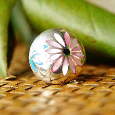 Vintage Sterling Silver Enamel Flower Dome Ring, Pink And Blue Enamel Flowers, Round Silver Face, 3-Prong Split Band, Size 5 3/4 US 