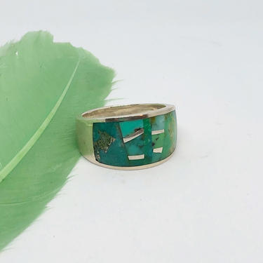 GREEN MARBLE Turquoise Mosaic Inlay Silver Ring by GL Studio| Native American Navajo Mens Statement Jewelry | Turquoise Stones  | Sz 13 