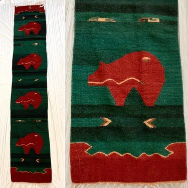 Native American Art, Woven Wool Textile, Table Runner, Fringe, Bear Symbol, Indigenous People 