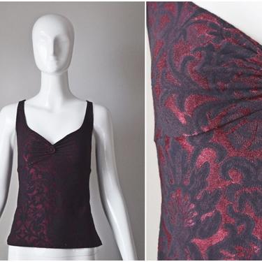 vtg 90s Hanky Panky burgundy and black floral brocade stretch tank top | y2k 1990s | womens size Medium gathered bust shirt blouse 
