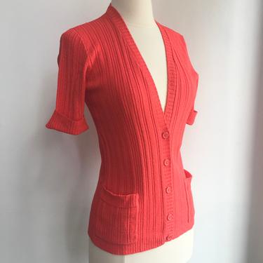 Vintage 70’s Sexy V-NECK RIBBED MARBELLA Cardigan Sweater / Short Sleeves + Pockets 