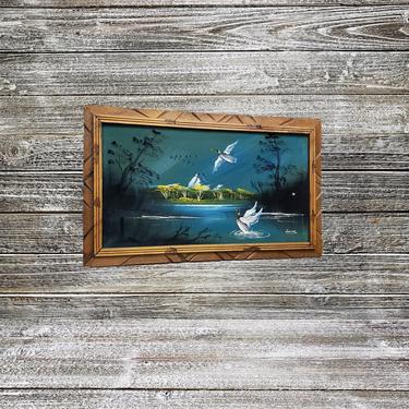 1970s Vintage Black Velvet Duck Painting, Mallard Birds Black Velvet Wall Art, Riverbed Lakeside, Mid Century Modern, Vintage Home Decor 