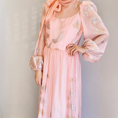Silk Pink &amp; Metallic Balloon Sleeve Dress/Gown 