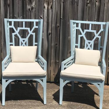 Beautiful fretwork Guildmaster chairs in a sky blue distressed finish 