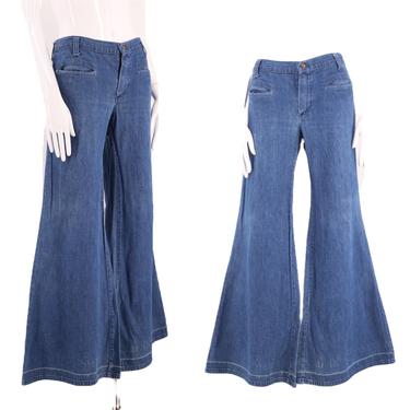 60s low rise hip huggers denim bell bottoms jeans 32  / vintage 1960s elephant bells flares pants L 70s 