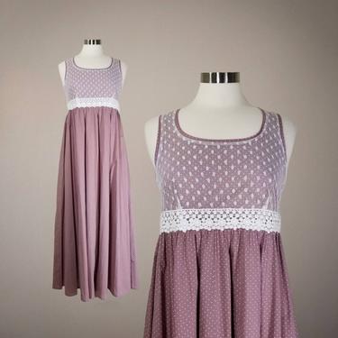 Vintage 90s Empire Waist Dress, Medium / Lace Bust Polka Dot Maxi Dress / Flared Cotton Vintage Prairie Dress / Sleeveless Summer Sundress 