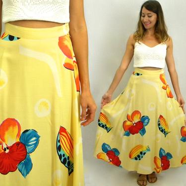 80s Yellow Maxi Skirt | Large Flower Maxi Skirt | Breeches | Medium 