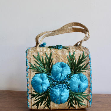 70s Boho Woven Wicker Jute Purse With Blue Flower Design, Beach Woven Bag, Tropical Tiki Knit Purse, Hippie Bohemian Tote, Boho, Island 