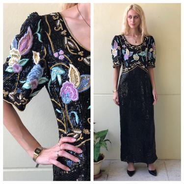 1980's Sequin Gown / Judith Ann Creations Dress / Floral Beaded Black Sequined Dress / Mother of the Bride / Sexy NYE Dress / Pastel Sequins 