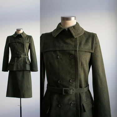 Vintage 1940s Wool 2pc Set / Vintage Givenchy 2pc Wool Set / Vintage Wool Suit / Vintage Jacket and Skirt / Green Wool Jacket Small 