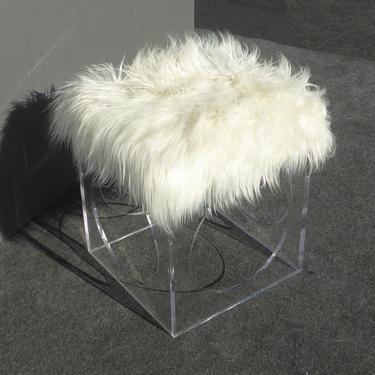 Unique Contemporary Style White Faux Mangolian Fur and Lucite Stool / Foot Ottoman 