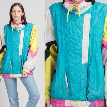 80s Color Block Distressed Streetwear Windbreaker - Women's XL | Vintage Colorful Retro Zip Up Track Jacket 