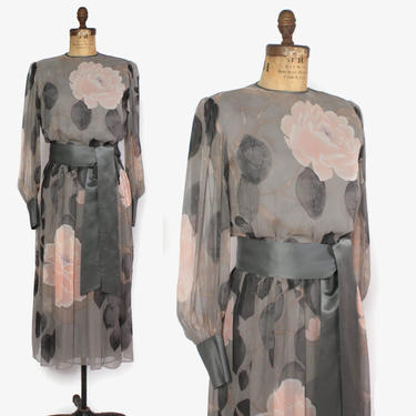 Vintage 80s Hanae Mori DRESS / 1980s Floral Print Silk Chiffon Belted Dress by luckyvintageseattle